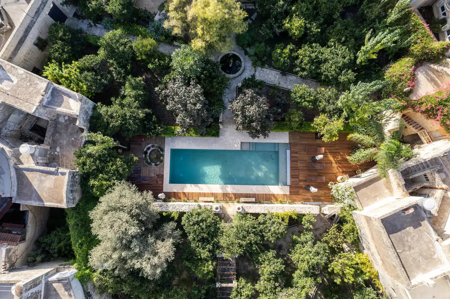 Aerial view of Casa de Piro and its walled garden in Attard